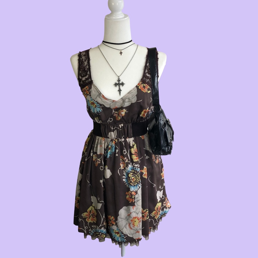 Vintage Y2K Free People Brown Floral Babydoll Mini Dress Lace Trim 6 Whimsigoth